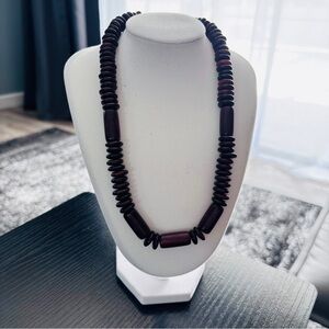 Brown Wood Bead Necklace Boho Tribal Barrel Disc 18” Gold Clasp